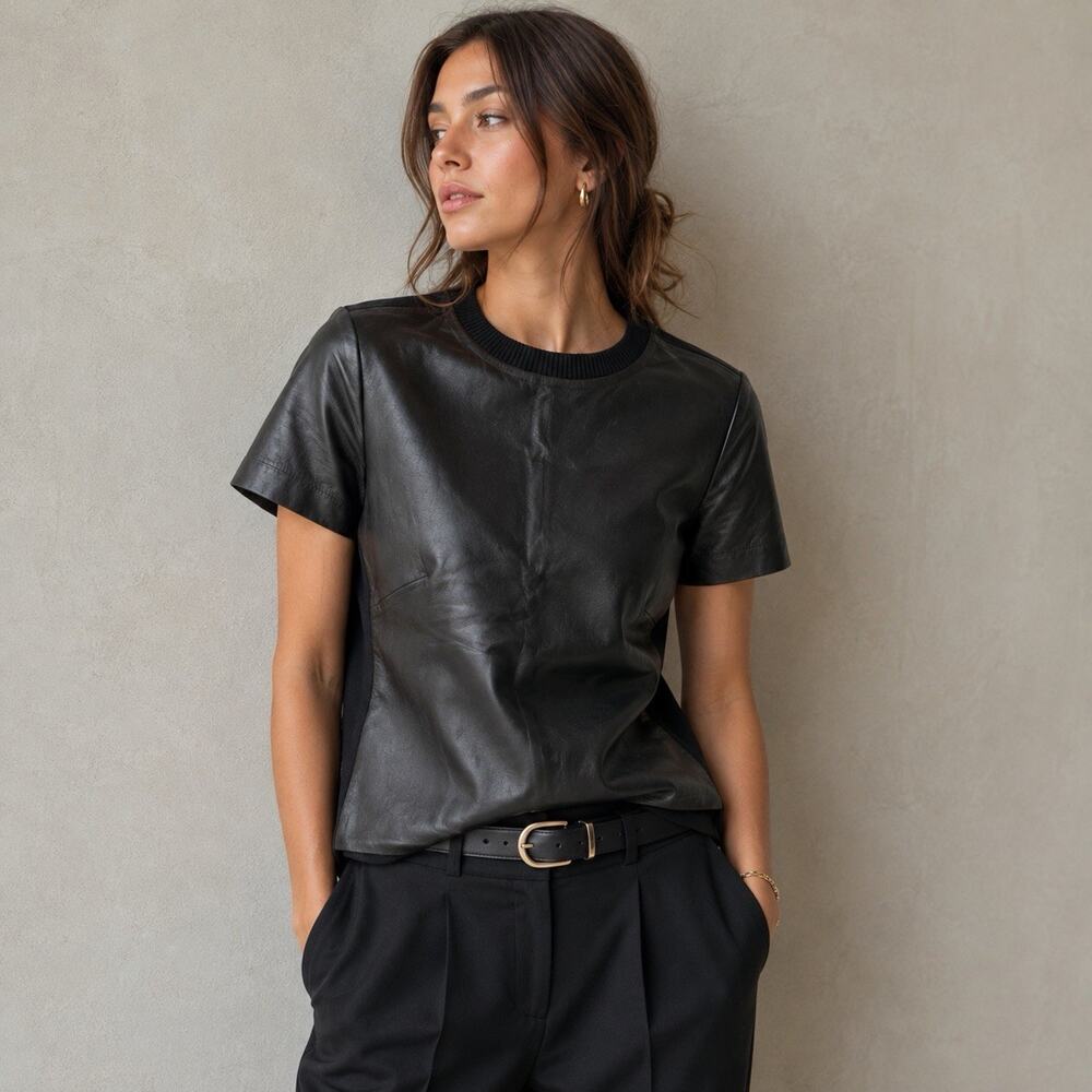 Artelier Nicole Miller Lamb Leather Mixed Media Top Black Short Sleeve Women S